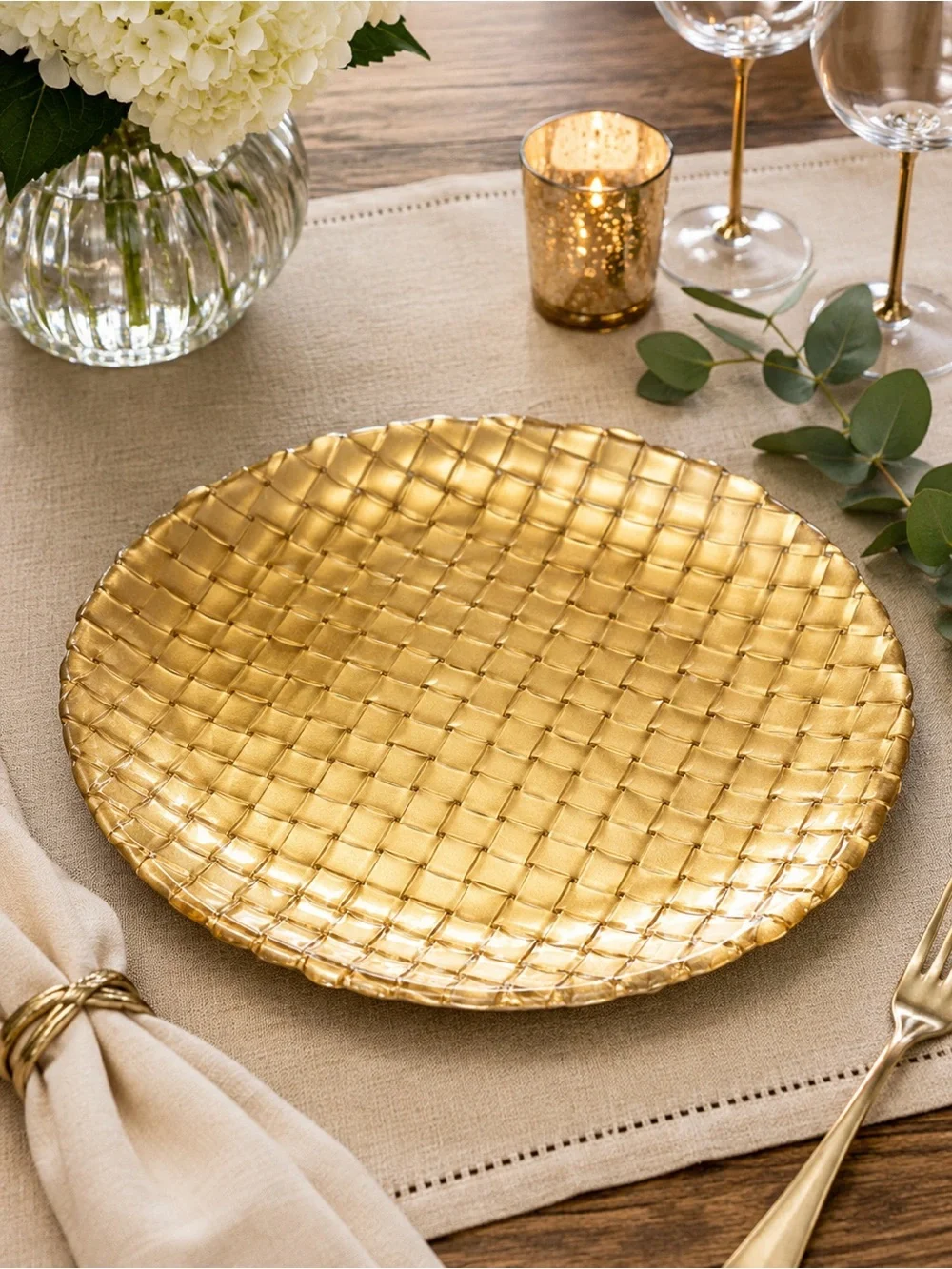 Gold Basketweave Glass‎ Charger Plate 12.5” Decorative Table Setting Charger